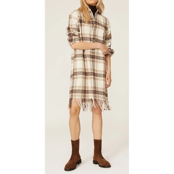 Polo Ralph Lauren Dresses & Skirts - Polo Ralph Lauren Plaid‎ Fringed Shirt Dress Size 14 Beige Brown Long Sleeve